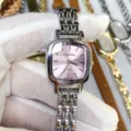 Square dial women quartz watch with pink face and silver steel strap, fashion casual style - Silver Case Pink Dial