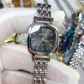 Square dial quartz watch for women, stylish silver metal strap, elegant daily casual timepiece. - Silver Case Black Face