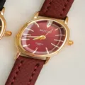 Women's vintage oval quartz watch with burgundy leather strap and mini dial for daily wear. - Angola Red