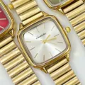 Sunlifex square quartz watch for women vintage metallic stretch band gold luxury wristwatch - Gold White Face
