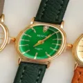 Vintage oval women watch with green dial and dark green leather strap stylish quartz timepiece - Green
