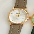 Women oval quartz watch with taupe leather strap, elegant vintage style wristwatch for daily wear. - Dark Gray