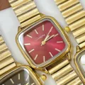 Gold square womens watch with red dial and vintage bamboo link bracelet minimalist chic style - Gold Case Red Dial