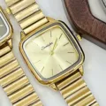 Gold square quartz watch for women with vintage bamboo link metal strap and sleek dial. - Gold Gold Face