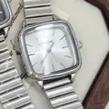 Women square quartz watch with metal bamboo strap, minimalist retro vintage fashion design. - Silver Case White Dial