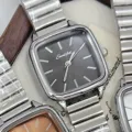 Square dial womens watch with metal expansion band vintage minimalist quartz timepiece. - Silver Case Black Dial