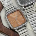 Women vintage square quartz watch with metal stretch bracelet daily casual minimalist style - Silver Case Brown Dial