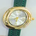 MICAI women's oval quartz watch with green leather strap and gold-tone metal case elegant style. - White Dial Green Strap
