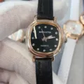 Montre quartz femme cadran noir, index strass, boîtier or rose et bracelet cuir noir élégant. - Cadran Noir Bracelet Noir