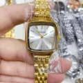 SUNLIFEX Damen Quadrat Stahlband Quarzuhr minimalistisch gold metallische Armbanduhr Detail. - Gold Weißes Zifferblatt