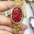 SUNLIFEX Montre Quartz Femme Cadran Ovale Rouge Chiffres Romains Bracelet Acier Doré Mode - Boîtier Doré Cadran Rouge