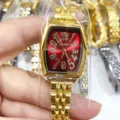 Gouden Tonneau Dames Horloge Rode Wijzerplaat Metalen Band Vintage Stijl Polshorloge - Gouden Kast Rode Wijzerplaat