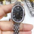 Montre quartz ovale pour femme avec chiffres romains et bracelet acier, design elegant. - Boîtier Argenté Cadran Noir