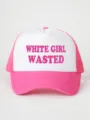 Detalle de gorra trucker rosa y blanca con panel frontal de espuma, malla trasera y estampado. - Ajustable / Blanco y Rojo Rosa