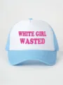Cappellino trucker blu e bianco con stampa con slogan rosa sul pannello frontale in schiuma. - Regolabile / Bianco/Celeste