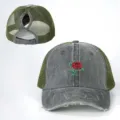 Cappellino da baseball con ricamo di rose e rete, coda di cavallo, regolabile all'aperto. - Regolabile / Verde militare