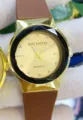 Montre à quartz avec bracelet en silicone marron, lunette facettée dorée et cadran en strass. - Cadran Doré Bracelet Café (Femmes)