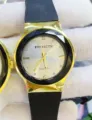 Retro style quartz wristwatch with black silicone strap and gold faceted bezel for daily wear. - White Dial Black Strap (Women)
