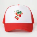 Detailed view of red and white trucker baseball cap featuring a cute watercolor strawberry print. - Adjustable / Red