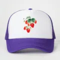Detail shot of a purple and white trucker hat featuring a cute watercolor strawberry print. - Adjustable / Purple