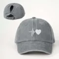 Detailed view of grey washed denim baseball cap with ponytail hole and heart beat print. - Adjustable / Gray