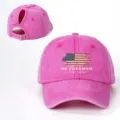Verweerde roze paardenstaart honkbalpet met Amerikaanse vlag print en verstelbare gesp. - Verstelbaar / Rozerood