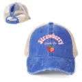 Distressed denim mesh ponytail baseball cap with cute strawberry print and adjustable back strap. - Adjustable / Sapphire Blue