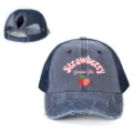 Distressed denim mesh baseball cap with cute strawberry embroidery and ponytail hole. - Adjustable / Navy Blue