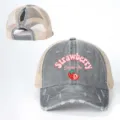 Distressed grey ponytail mesh baseball cap detail showing strawberry print and back opening. - Adjustable / Gray