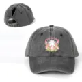 Dark grey washed ponytail baseball cap with cute bunny tulip print and casual streetwear style. - Adjustable / Black