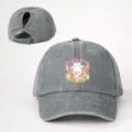 Distressed gray ponytail baseball cap featuring cute bunny and floral print for women. - Adjustable / Gray