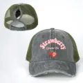Distressed washed mesh baseball cap with ponytail hole and cute strawberry front print. - Adjustable / Army Green