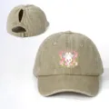 Vintage washed ponytail baseball cap for women, cute rabbit flower print, adjustable size. - Adjustable / Khaki