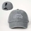 Grey washed denim ponytail baseball cap with simply blessed embroidery, adjustable strap. - Adjustable / Gray