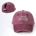 Vintage washed cotton ponytail baseball cap with stylish embroidered text and adjustable buckle. - Adjustable / Burgundy