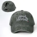 Distressed ponytail baseball cap with embroidered simply blessed text and adjustable metal buckle - Adjustable / Army Green