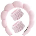 Conjunto de diadema de nube rosa y muñequeras para lavar la cara, accesorios de maquillaje de spa. - Juego de 3 piezas rosa