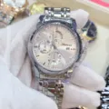 Detailed view of Lanturun quartz men's watch with silver dial, steel strap and calendar. - Silver Case White Dial