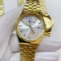 Golden quartz watch with white dial and metal strap for business and casual wear. - All Gold White Dial Men