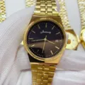 JUSTRONG Gold Quartz Watch for Men Women, Luxury Business Steel Strap with Date Window. - All Gold Black Dial Men