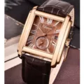 Elegante reloj de cuarzo cuadrado con correa de cuero marron estilo clasico de moda - Caja oro rosa esfera marrón con correa de cuero marrón (CX-8216 calendario) / Rosa oro