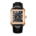 Reloj de cuarzo Chenxi lujo cuadrado caja de oro rosa correa de cuero negro fino. - Caja oro rosa esfera negra con correa de cuero negro (CX-8216 calendario)