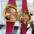 Orologio al quarzo di coppia GALAXY cinturino silicone rosso cassa oro strass - Brasile Oro-Rosso Uomo