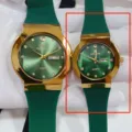 Quadrante verde cassa dorata cinturino in silicone orologio al quarzo di coppia con doppio calendario. - Brasile Oro-Verde Donna