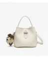 Details of white leather bucket bag with metal lock closure and cute puppy pendant. - Milk White