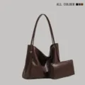 Brown leather commuter tote bag detail shot with matching pouch, large capacity design. - Coffee