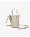 Mini leather bucket bag in beige with top handle, adjustable strap and silver bead charm. - Elephant Gray