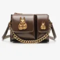 Brown leather crossbody bag with gold chain and metal rabbit decor for women fashion daily wear. - 23CM*7CM*12.5CM / Khaki