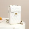 White quilted leather mini phone crossbody bag with chic chain strap and gold turn lock. - White