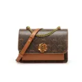 Brown vintage monogram shoulder bag with chain strap and elegant camellia flower clasp chic. - HM Coffee/Brown